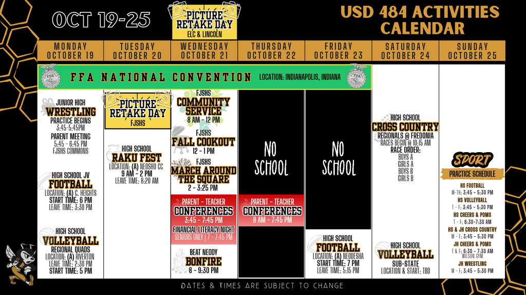 Weekly Calendar 2026 | October 19 - 25