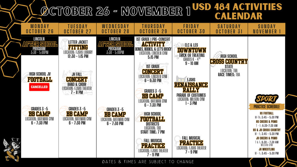 Weekly Calendar 2026 | October 26 - November 1