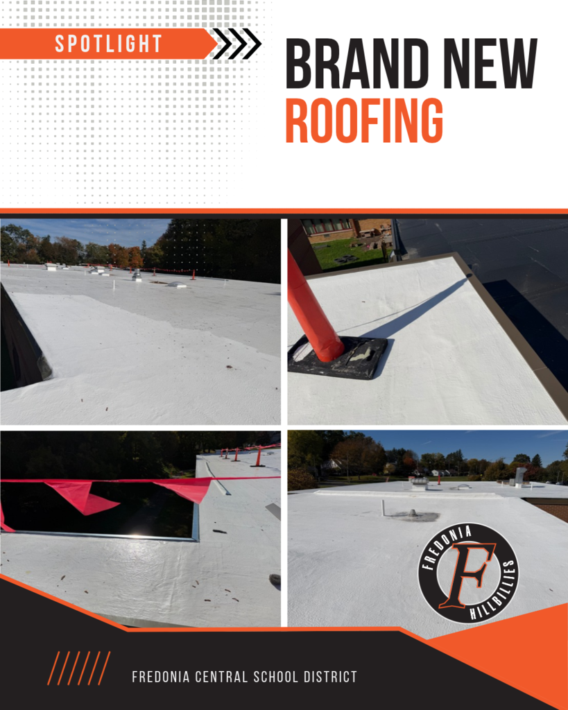Four pictures showing the new roofing at Wheelock Early Childhood Center
