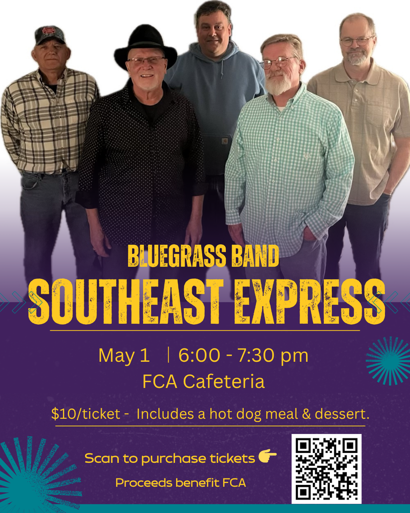 Advertisement for a bluegrass band performing as a school fundraiser