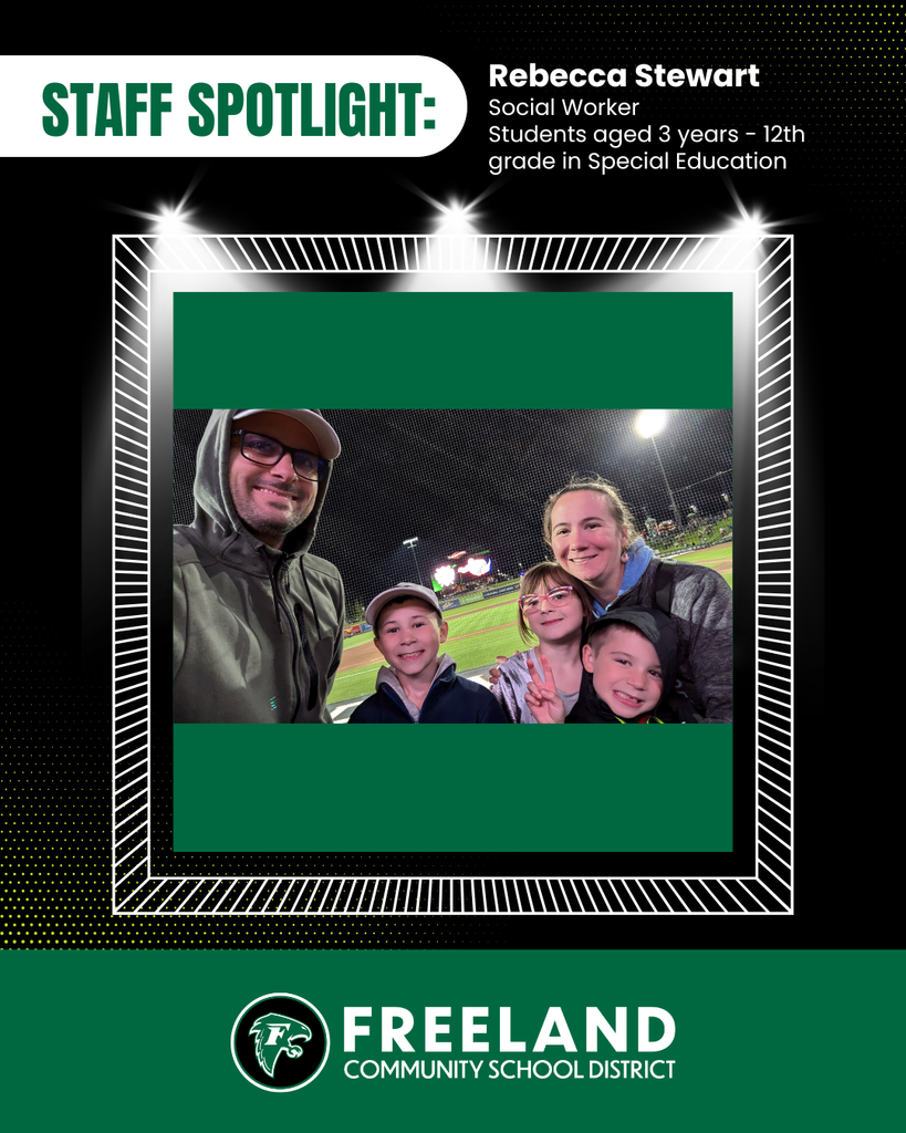 Staff Spotlight: Rebecca Stewart Social Worker  Students aged 3 years - 12th grade in Special Education. Photo of Rebecca and her family. 