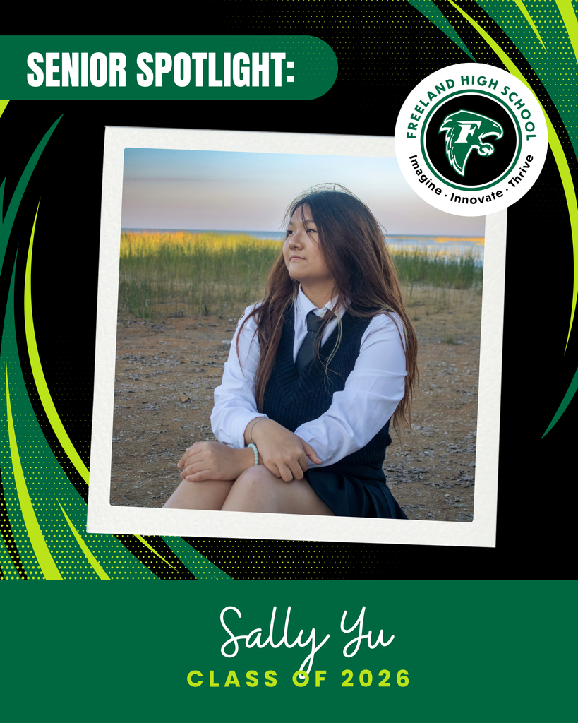 Senior Spotlight Sally Yu, Class of 2026. Photo of Sally sitting and looking to her right in front of a lake.