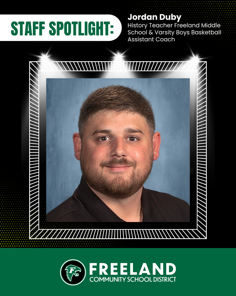 Staff Spotlight Jordan Duby, History Teacher Freeland Middle School & Varsity Boys Basketball Assistant Coach. Photo of Jordan Smiling with a blue-grey background.