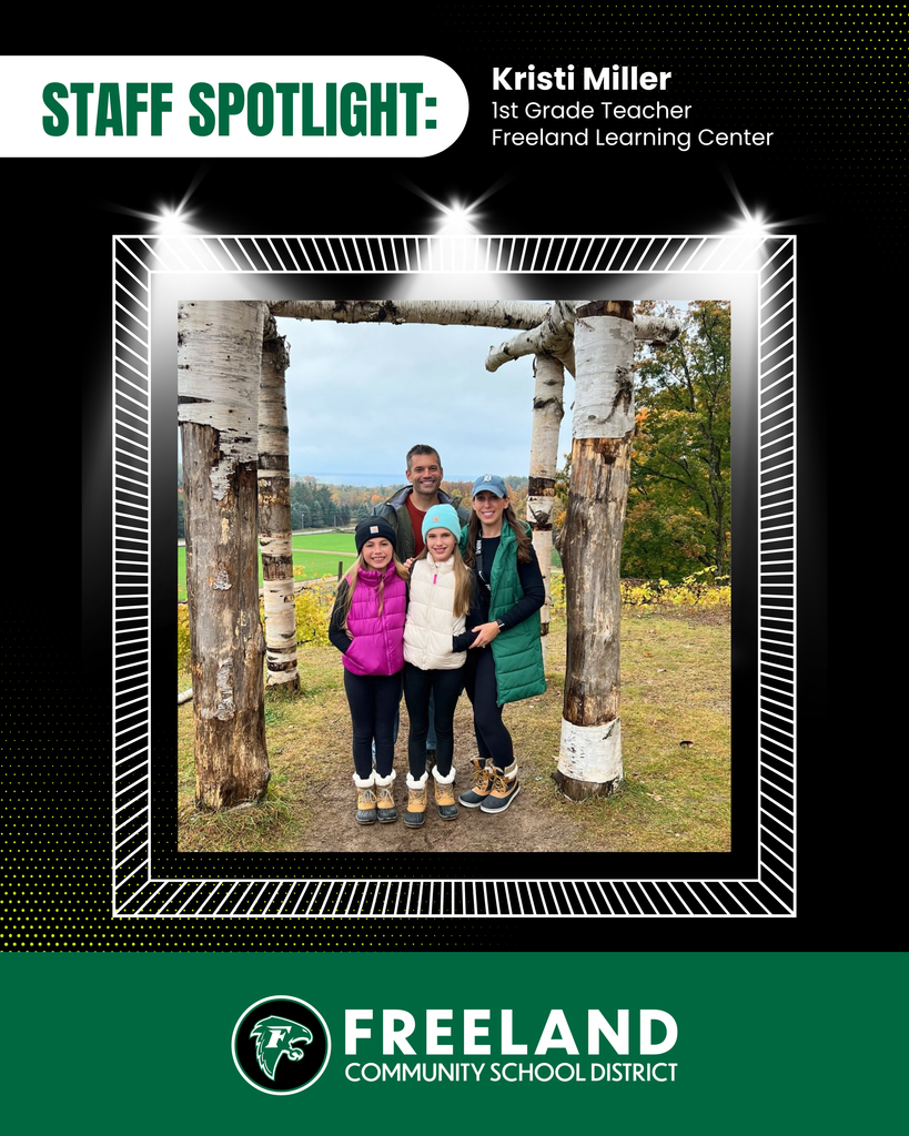 Staff Spotlight: Krisit Miller, 1st grade teacher freeland learning center, photo of Kristi with family under an arch of tree trunks.
