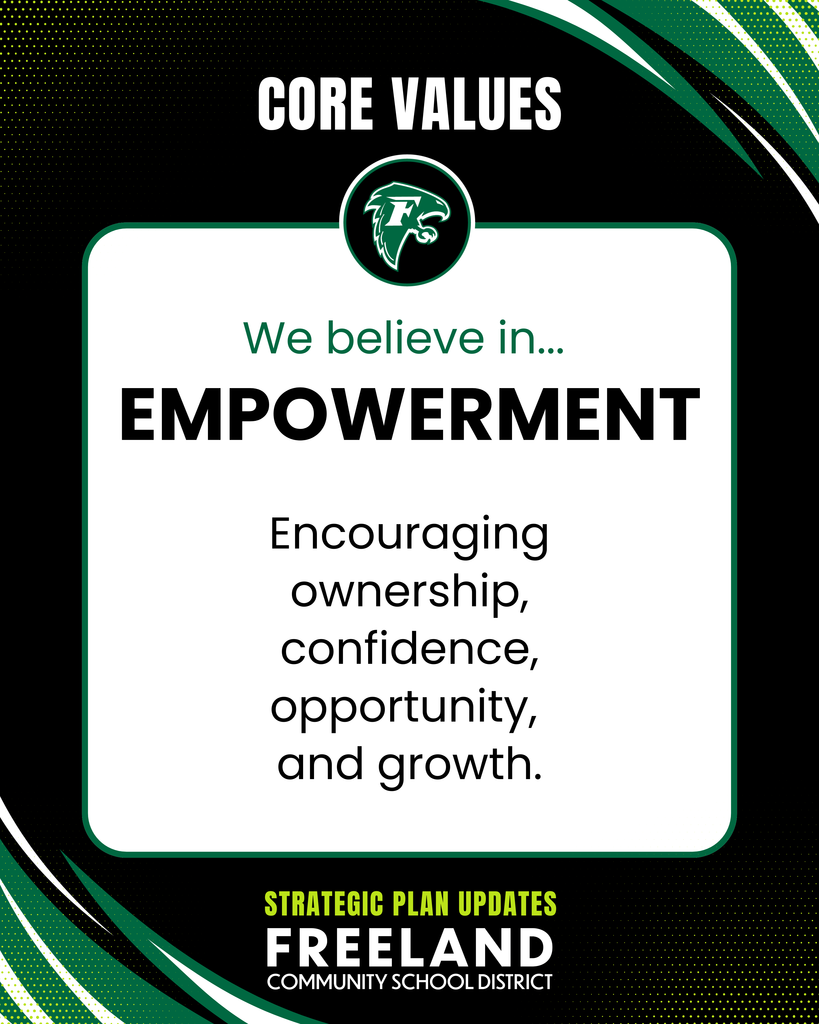 Core Values. We Believe in Empowerment: Encouraging ownership, confidence, opportunity, and growth. Strategic plan updates. Freeland Community School district.