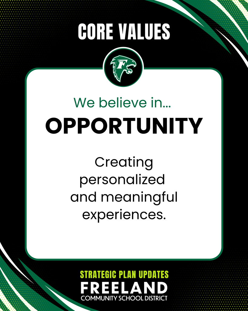 Core Values. We believe in Opportunity: Creating personalized and meaningful experiences. Strategic plan updates Freeland Community School District.