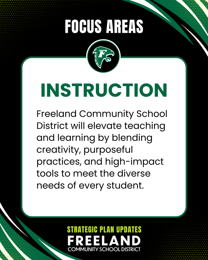 Focus Areas. Instruction: Freeland Community School district will elavate teaching and learning by blending creativity, purposeful practices, and high-impact tool to meet the diverse needs of every student. Strategic Plan updates. Freeland community school district.