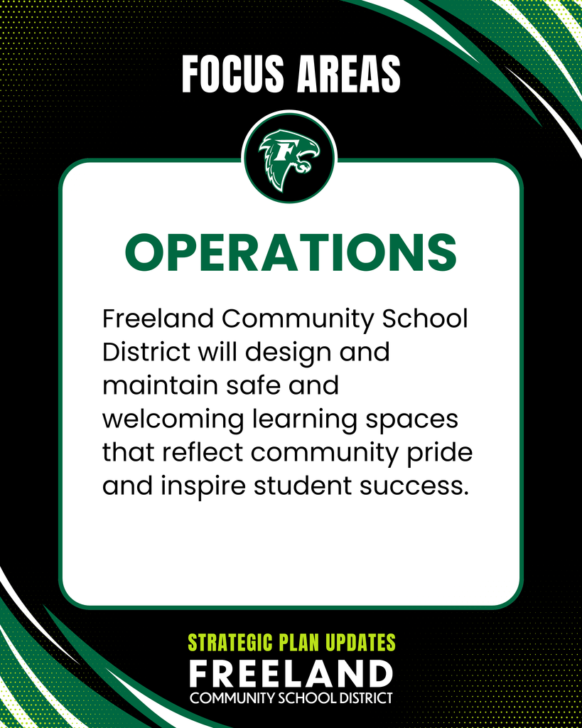 Focus Areas. Operations: Freeland Community School District will design and maintain safe and welcoming learning spaces that reflect community pride and inspire student success. Strategic Plan Updates. Freeland Community School District.