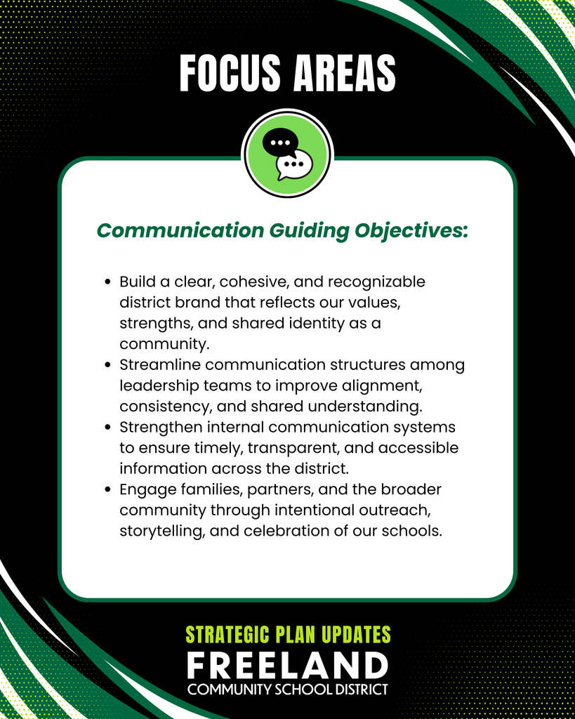 Focus Area. Communication Guiding Objectives: Build a clear, cohesive, and recognizable district brand that reflects our values, strengths, and shared identity as a community. Streamline communication structures among leadership teams to improve alignment, consistency, and shared understanding. Strengthen internal communication systems to ensure timely, transparent, and accessible information across the district. Engage families, partners, and the broader community through intentional outreach, storytelling, and celebration of our schools. Strategic Plan Updates. Freeland Community School Disrtrict.