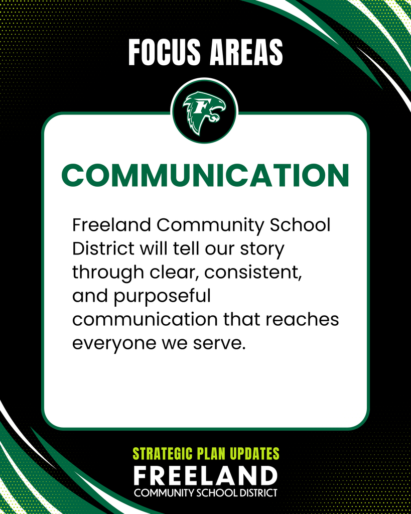 Focus Area. Communication. Freeland Community School District will tell our story through clear, consistent, and purposeful communication that reaches everyone we serve. Strategic plan updates. Freeland Community School District.