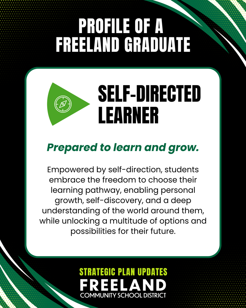 Profile Of the Freeland Graduate. Self Directed Learner: Prepared to learn and grow. Empowered by self-direction, students embrace the freedom to choose their learning pathway, enabling personal growth, self-discovery, and a deep understanding of the world around them, while unlocking a multitude of options and possibilities for their future. Strategic plan updates. Freeland community school district.