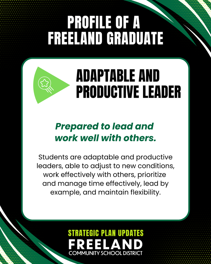 Profile of a Freeland Graduate. Adaptable and Productive leader: Prepared to lead and work well with others. Students are adaptable and productive leaders, able to adjust to new conditions, work effectively with others, prioritize and manage time effectively, lead by example, and maintain flexibility. Strategic Plan updates. Freeland Community School District.