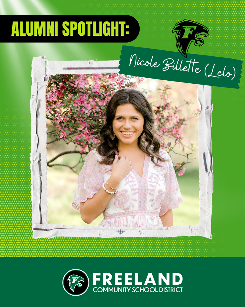 Alumni spotlight- Nicole Billette (Lelo). Freeland Community School District. Photo of Nicole posing on front of pink cherry blossom tree in pink and white dress.