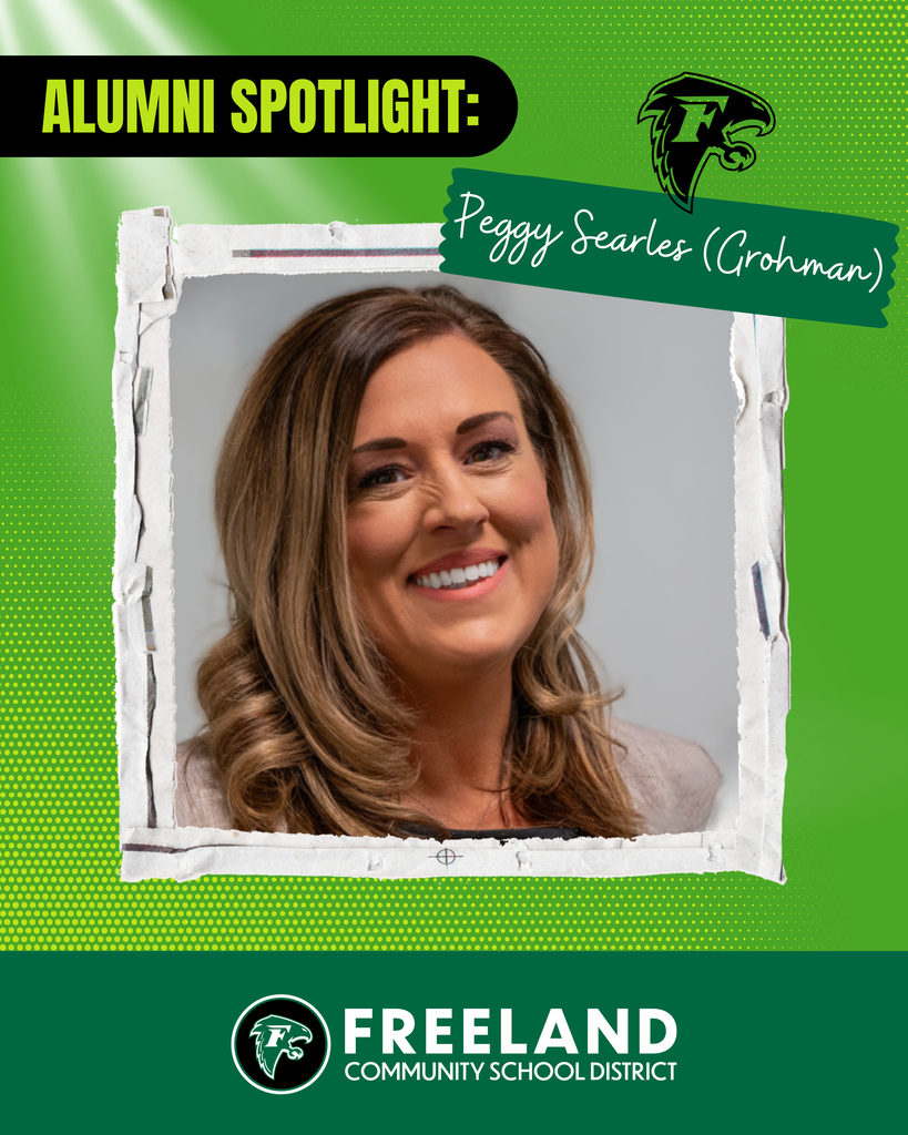 Alumni Spotlight- Peggy Searles (Grohman). Freeland Community School District. Photo of Peggy smiling in front of white background. 
