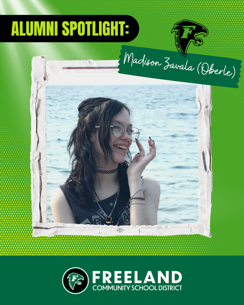 Alumni Spotlight= Madison Zavala (Oberle). Freeland Community School District. Photo of Madison In front of a large body of water smiling looking to the right of the camera.