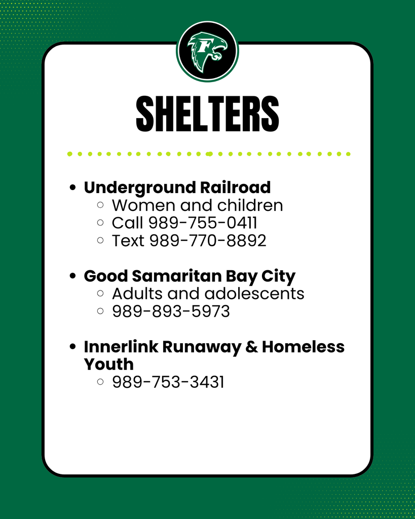 Shelters:Underground Railroad Women and children Call 989-755-0411 Text 989-770-8892 Good Samaritan Bay City Adults and adolescents 989-893-5973 Innerlink Runaway & Homeless Youth 989-753-3431