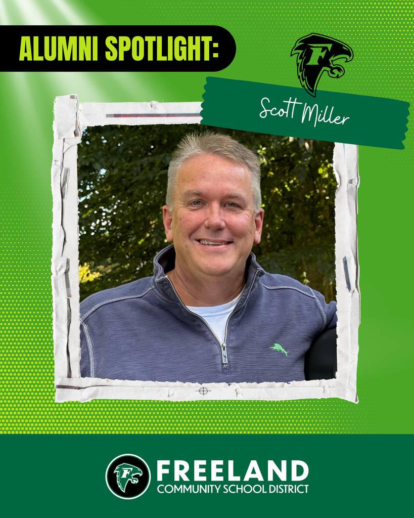 Alumni Spotlight: Scott Miller. Freeland Community School District. Photo of Scot wearing great zipup smiling in front of tree background.