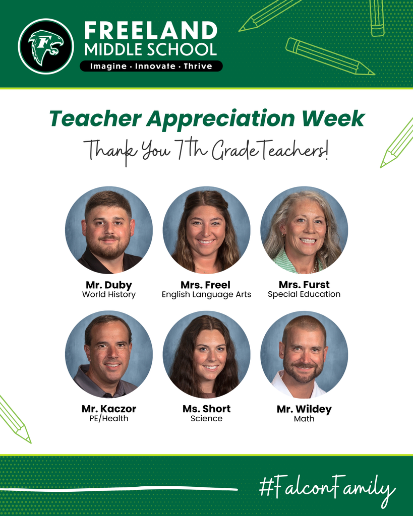 Freeland Middle School Teacher Appreciation Week with photos of 7th grade teachers.