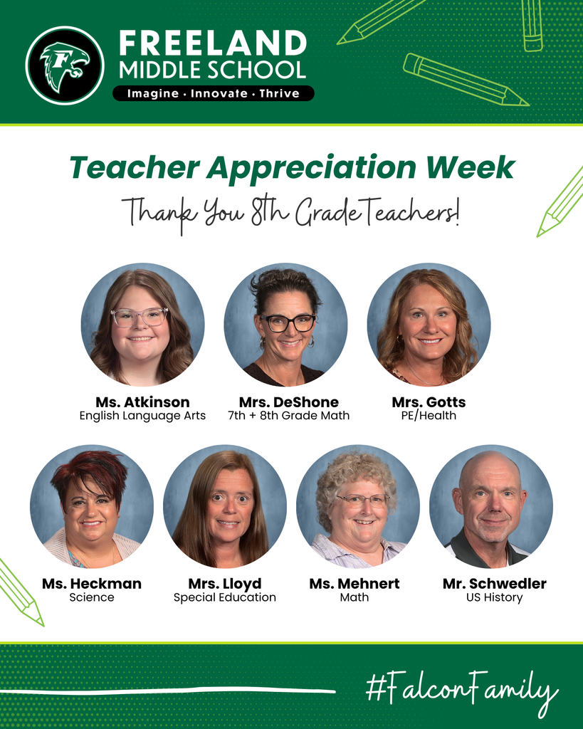 Freeland Middle School Teacher Appreciation Week with photos of 8th grade teachers.