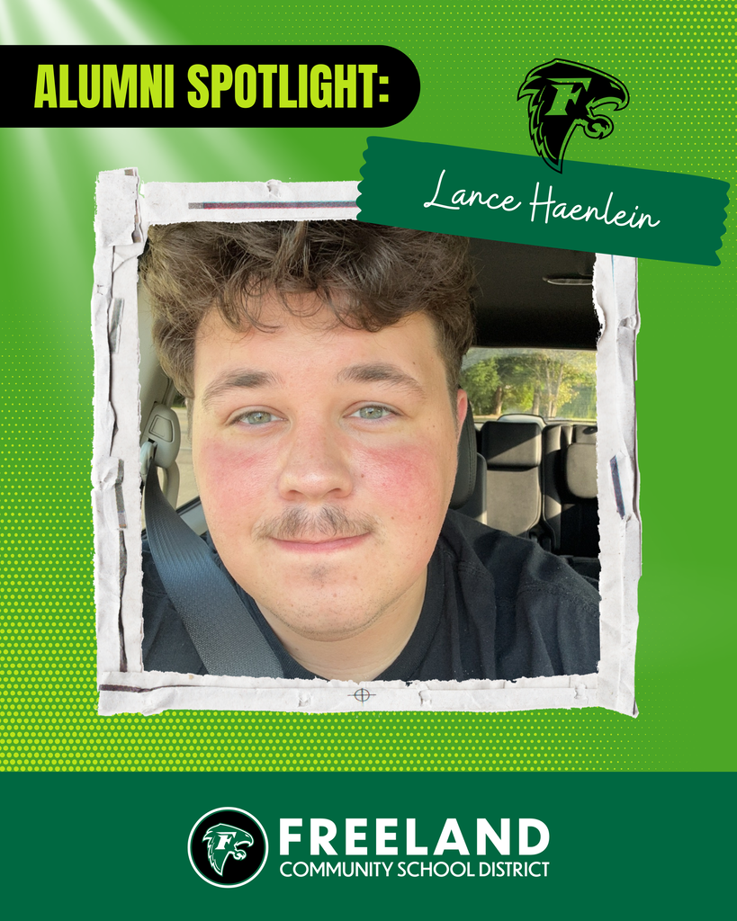 Alumni Spotlight- Lance Haerlein. Freeland community school district. Picture of Lance in his car smiling.