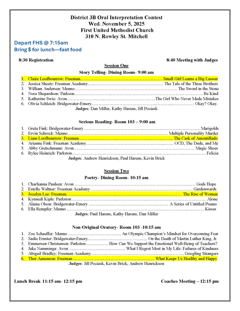 District 3B HS Oral Interp schedule