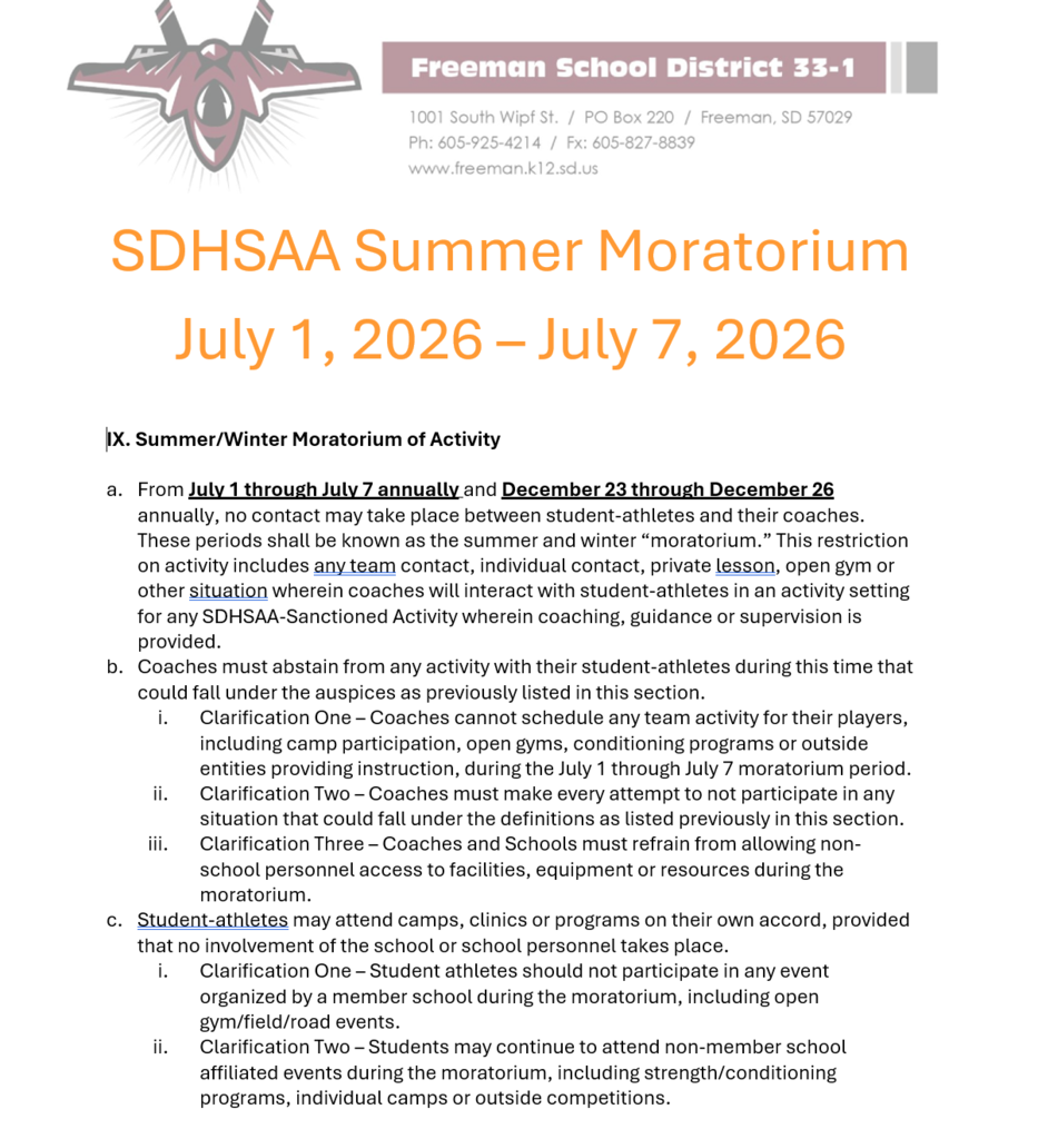 2026 SDHSAA Summer Moratorium