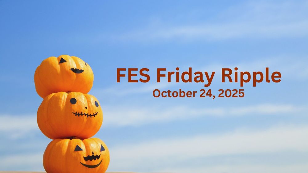 Three jack-o-lanterns against a blue sky.