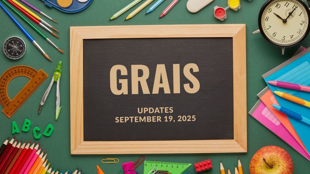 Colorful school supplies and a small blackboard with text of GRAIS updates, September 19, 2025.