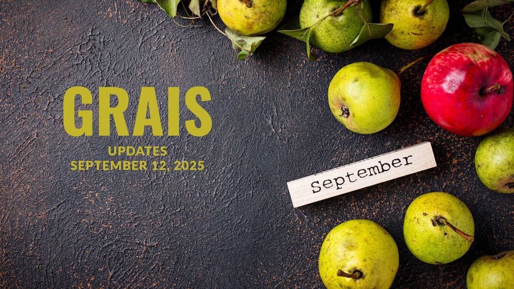Apples and pears with September sign and test of GRAIS updates, September 12, 2025.