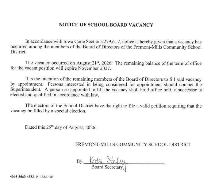 School board member vacancy announcement for the district.