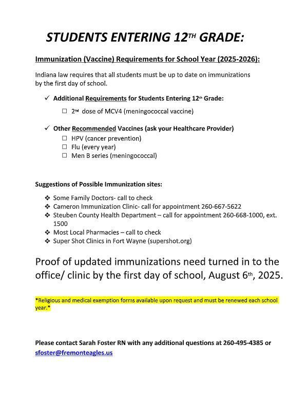 Immunization for 12th grade students.