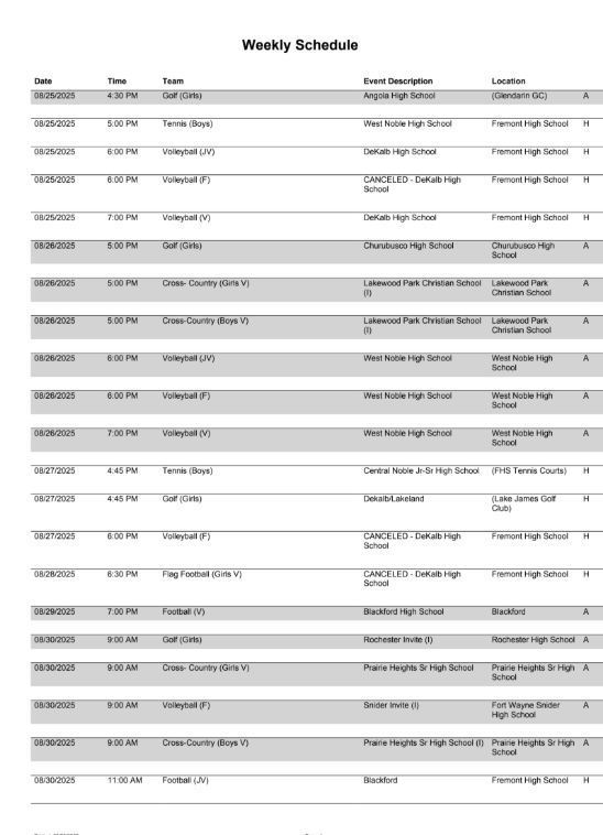 FHS Athletic Schedule