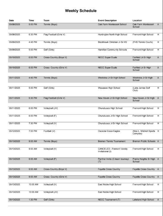 FHS Athletic Schedule