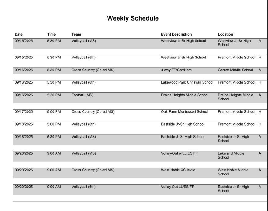 FMS Athletic  Schedule 