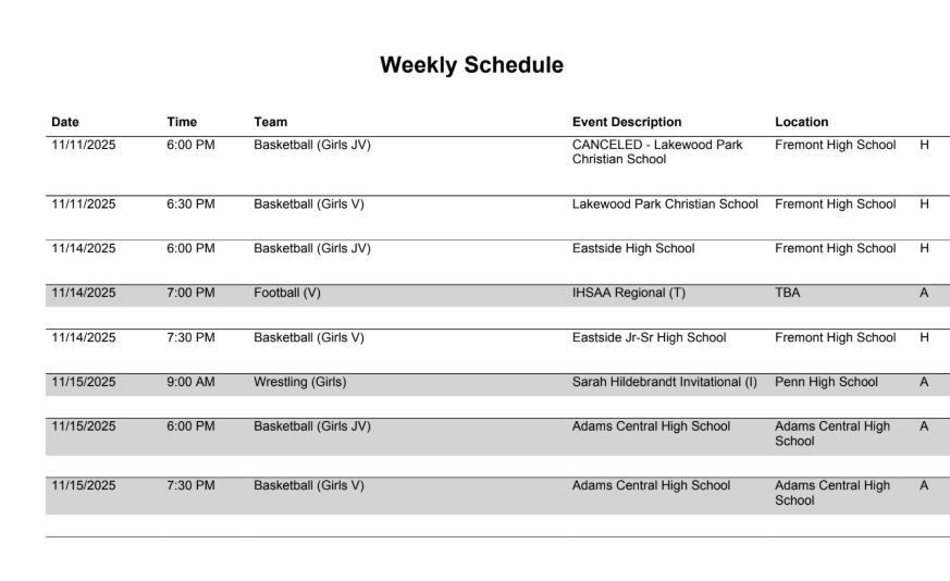 FHS Athletic Schedule