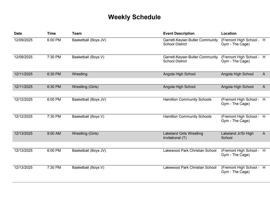 FHS Athletic Schedule