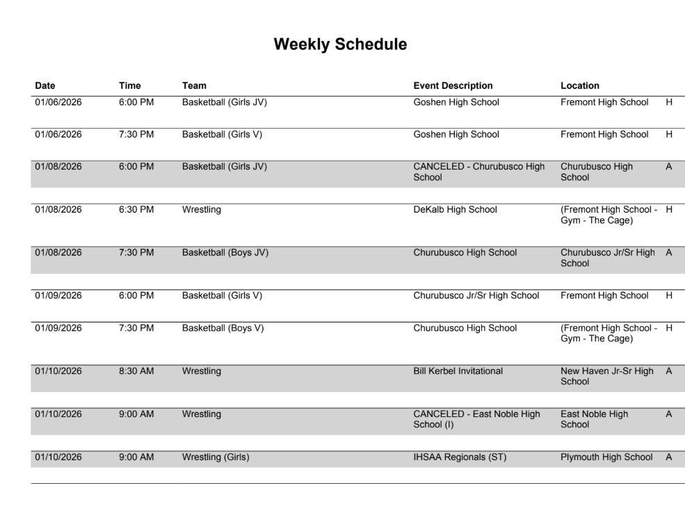FHS Athletic Schedule