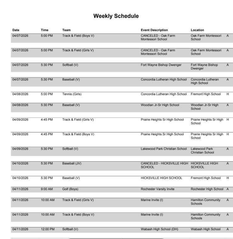 FHS Athletic Schedule 4.6.26