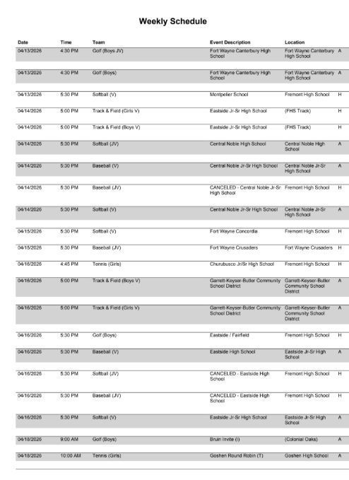 FHS Athletic Schedule