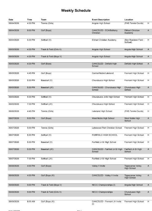 FHS Athletic Schedule