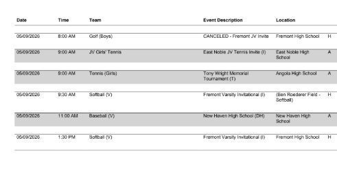 FHS Athletic Schedule