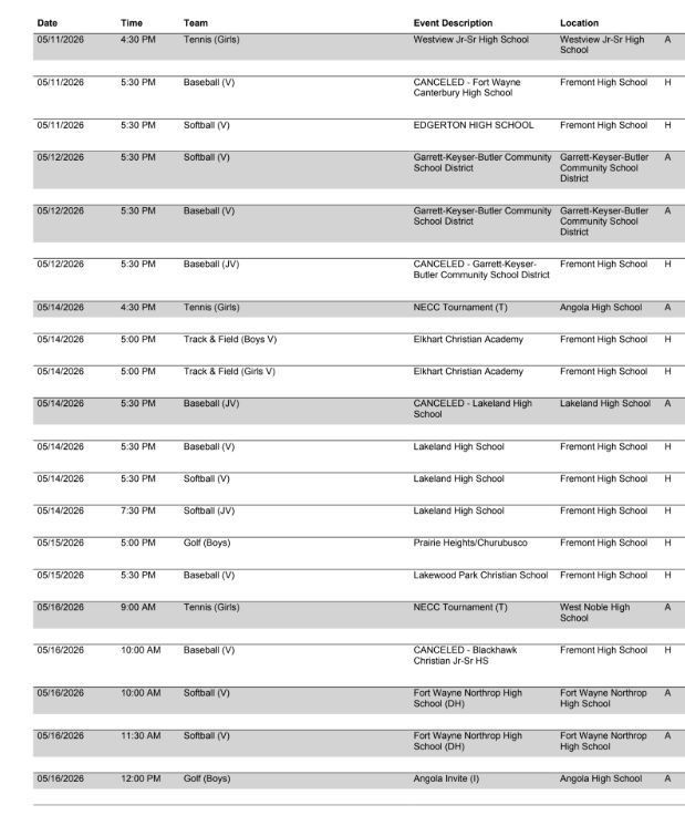 FHS Athletic Schedule