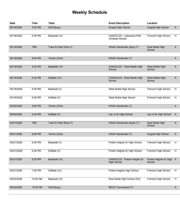 FHS Athletic Schedule