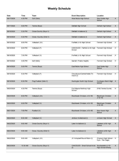 FHS Athletic Schedule 8/17/26