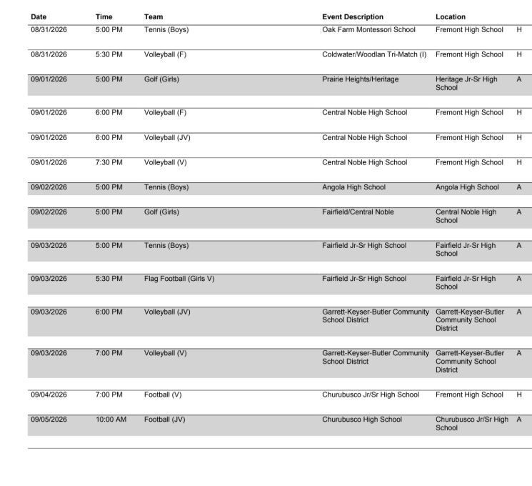 FHS Athletic Schedule