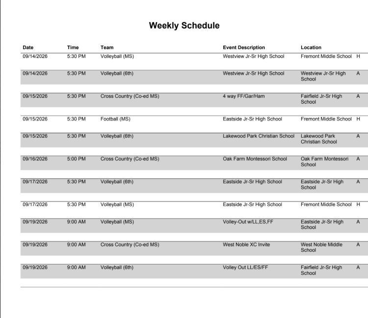 FMS Athletics Schedule 9.14.26
