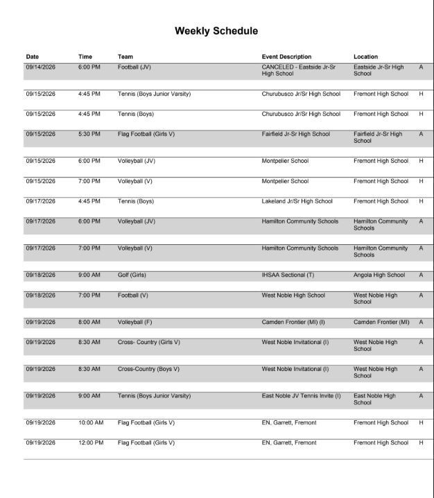 FHS Athletics Schedule 9.14.26