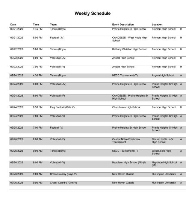 FHS Athletic Schedule 9.21.26