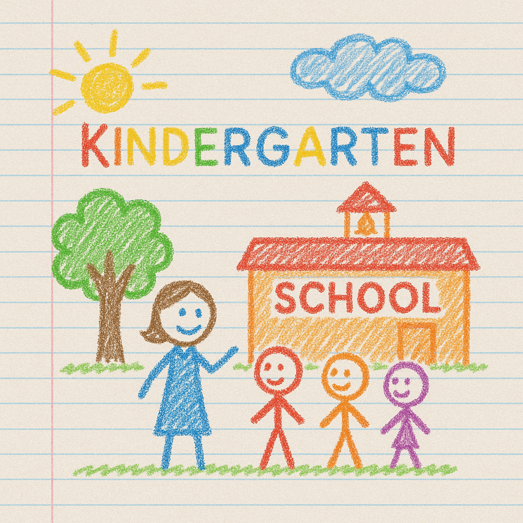 Stick figures in front of a school