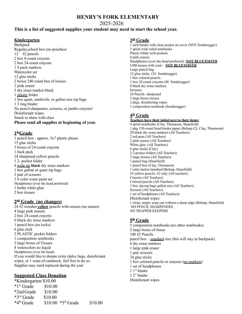 Suggested Student Supply List English